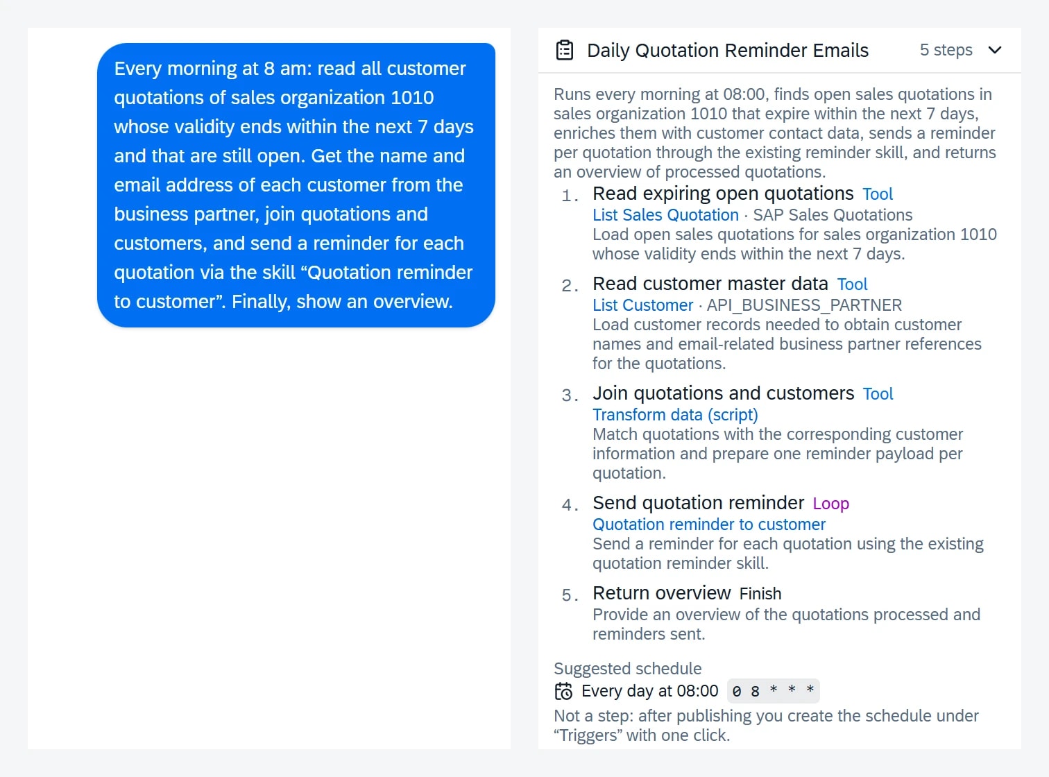 Skill builder in the ORAI Agent: the task described in plain language on the left, the plan with five steps and the suggested daily 8 am schedule on the right.