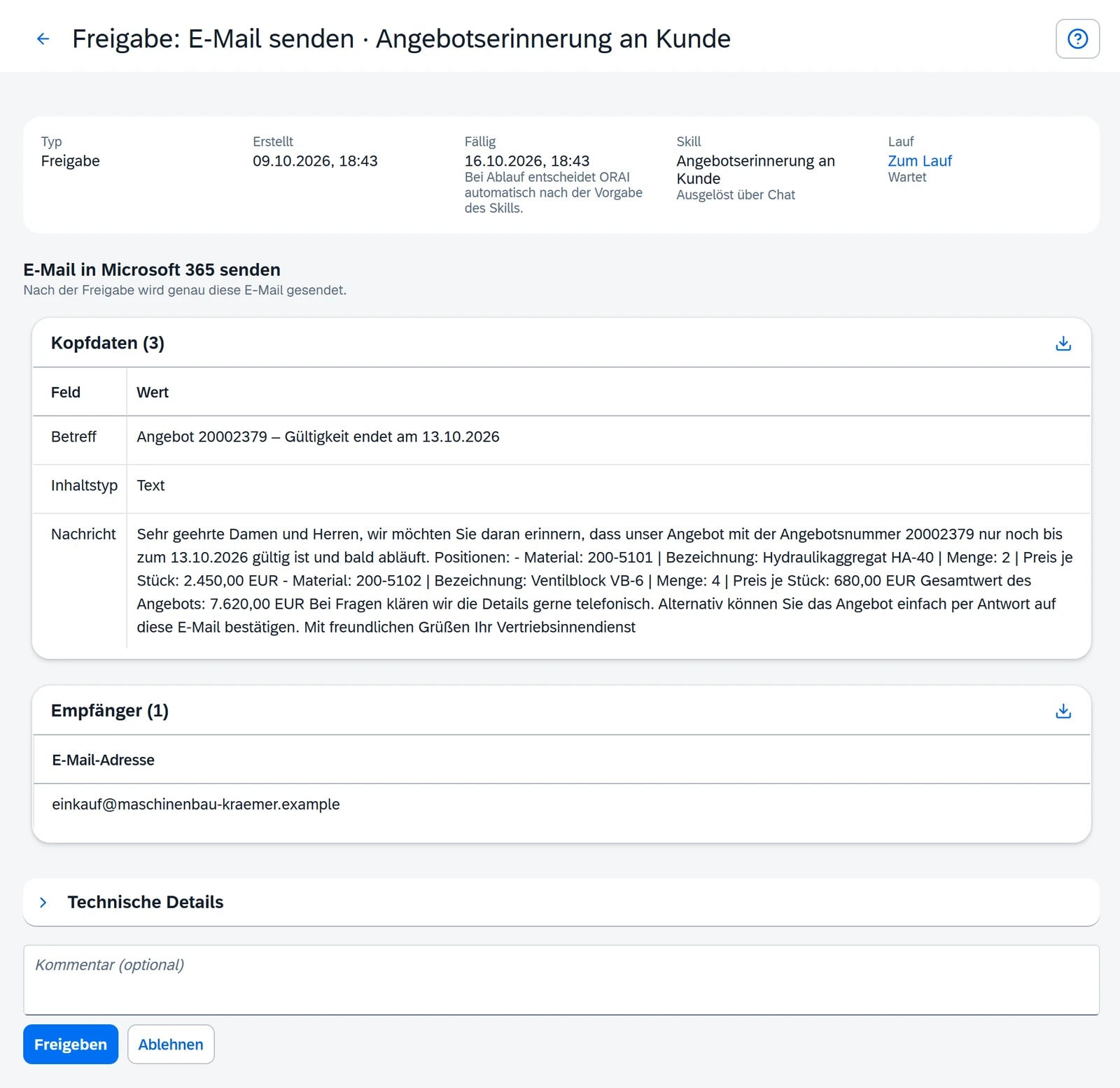 Freigabe im Posteingang des ORAI Agent: Erinnerungs-Mail zu Angebot 20002379 an Maschinenbau Krämer mit Positionen, Stückpreisen, Gesamtwert und den Schaltflächen Freigeben und Ablehnen.