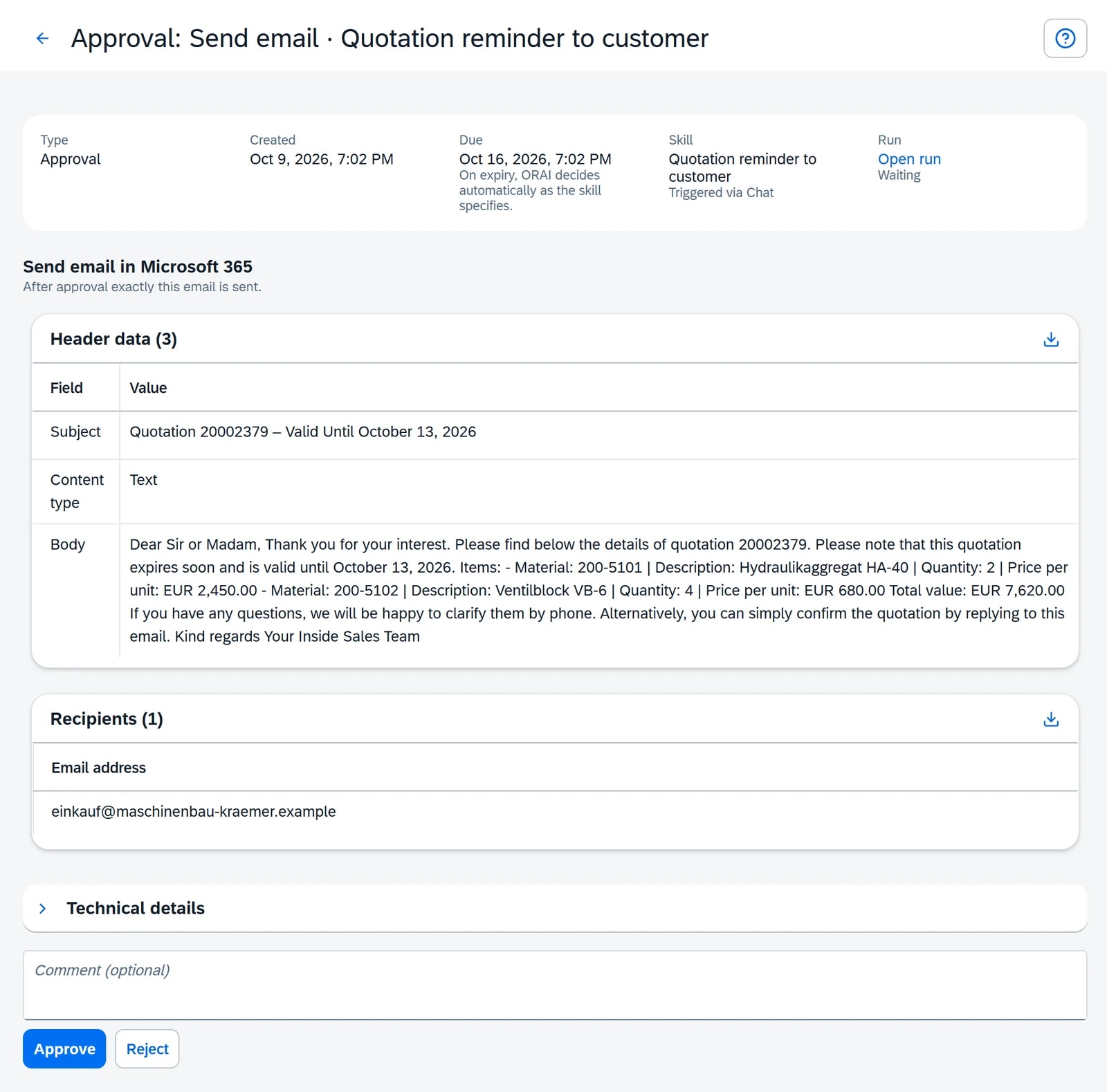 Approval in the ORAI Agent inbox: reminder email for quotation 20002379 to Maschinenbau Krämer with items, unit prices, total value and the Approve and Reject buttons.