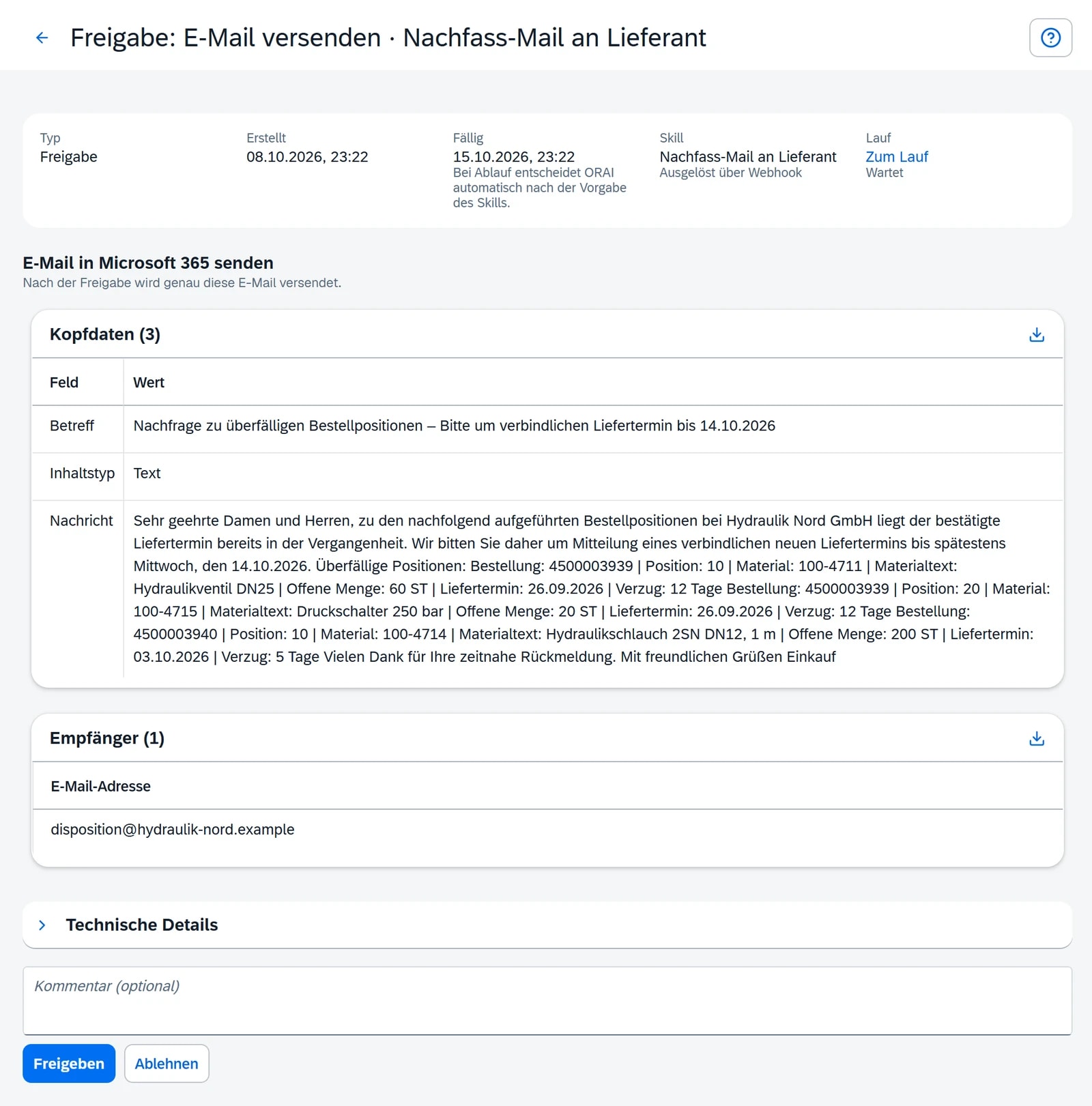 Freigabe der Nachfass-Mail an einen Lieferanten im Posteingang des ORAI Agent