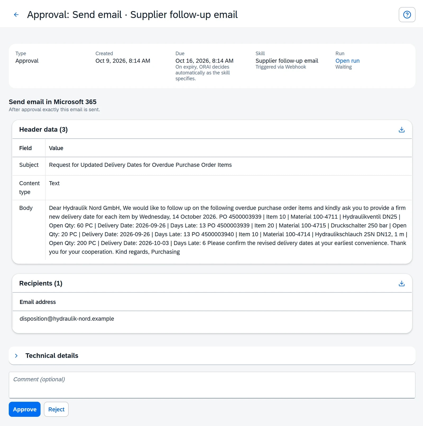 Approval in the ORAI Agent inbox: follow-up email to Hydraulik Nord GmbH listing three overdue purchase order items with open quantity, delivery date and days late, recipient address, Approve and Reject buttons.