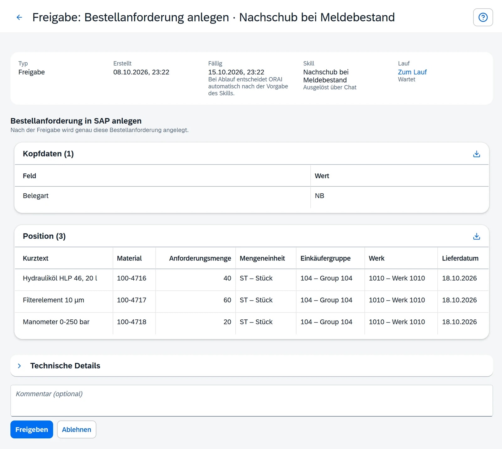 Freigabekarte einer Bestellanforderung mit drei Positionen und SAP-Feldbezeichnungen