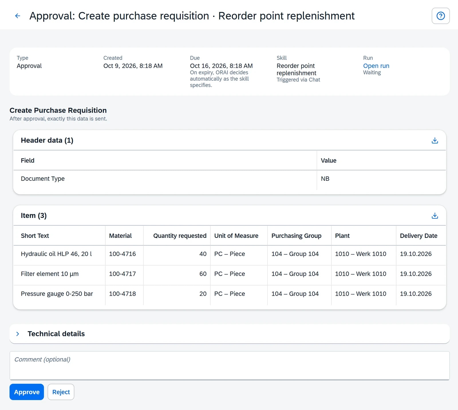 Approval in the ORAI Agent inbox: purchase requisition of document type NB with three items (hydraulic oil, filter element, pressure gauge), SAP field labels, quantities, purchasing group 104, plant 1010 and delivery date.