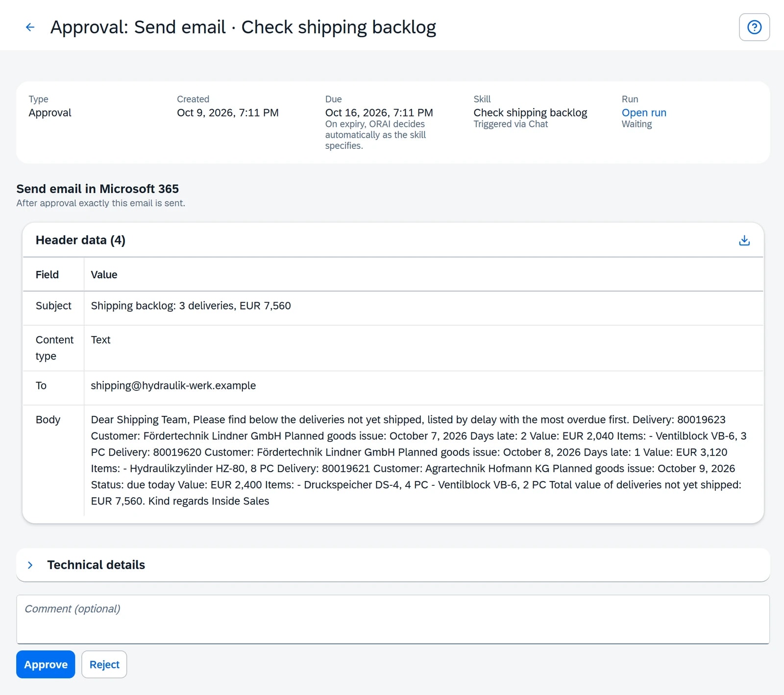Approval in the ORAI Agent inbox: email to shipping with three overdue deliveries, days late and a total value of EUR 7,560.