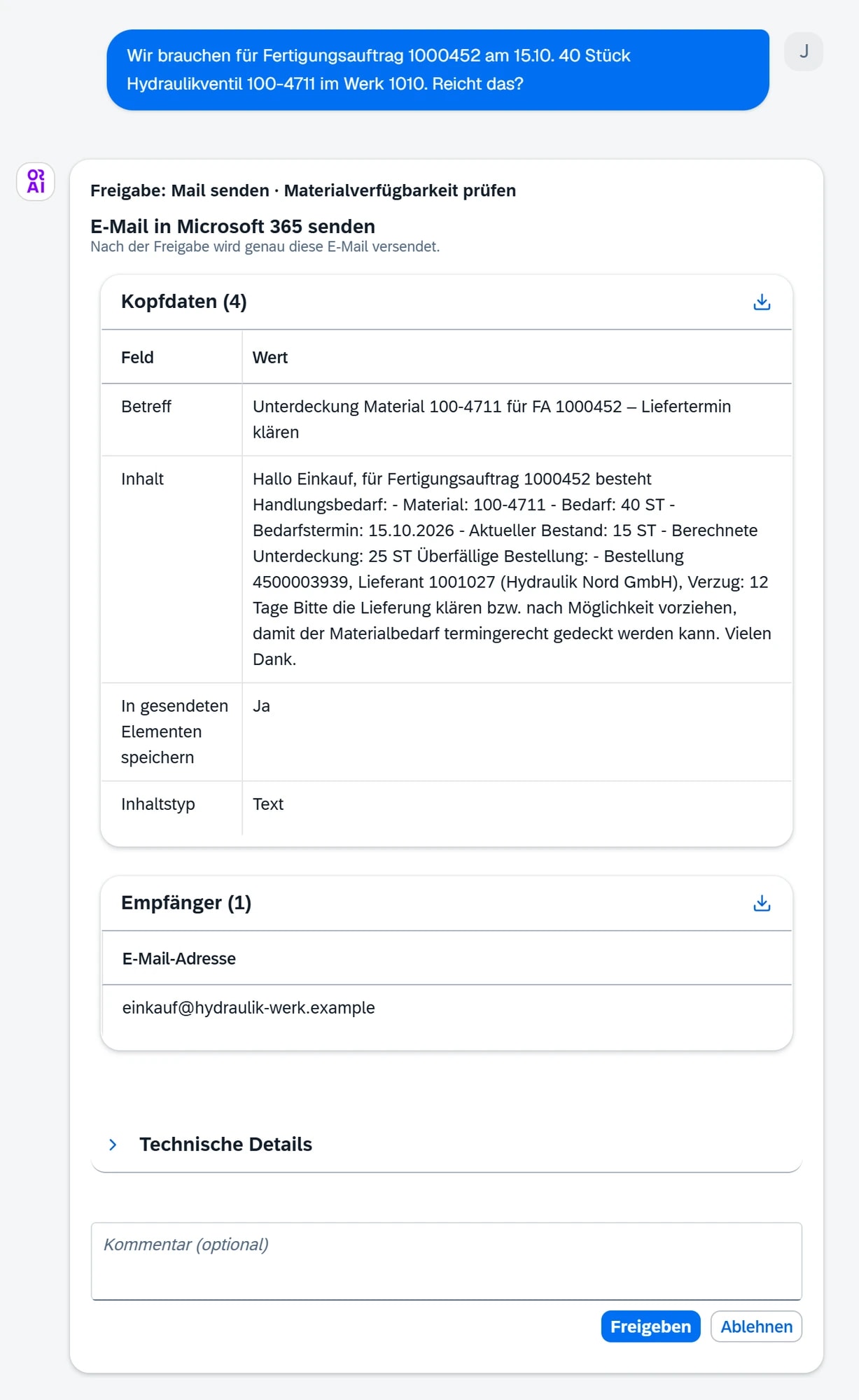 Chat mit dem Supply-Chain-Assistenten: Frage zur Materialverfügbarkeit und Freigabe der Mail an den Einkauf