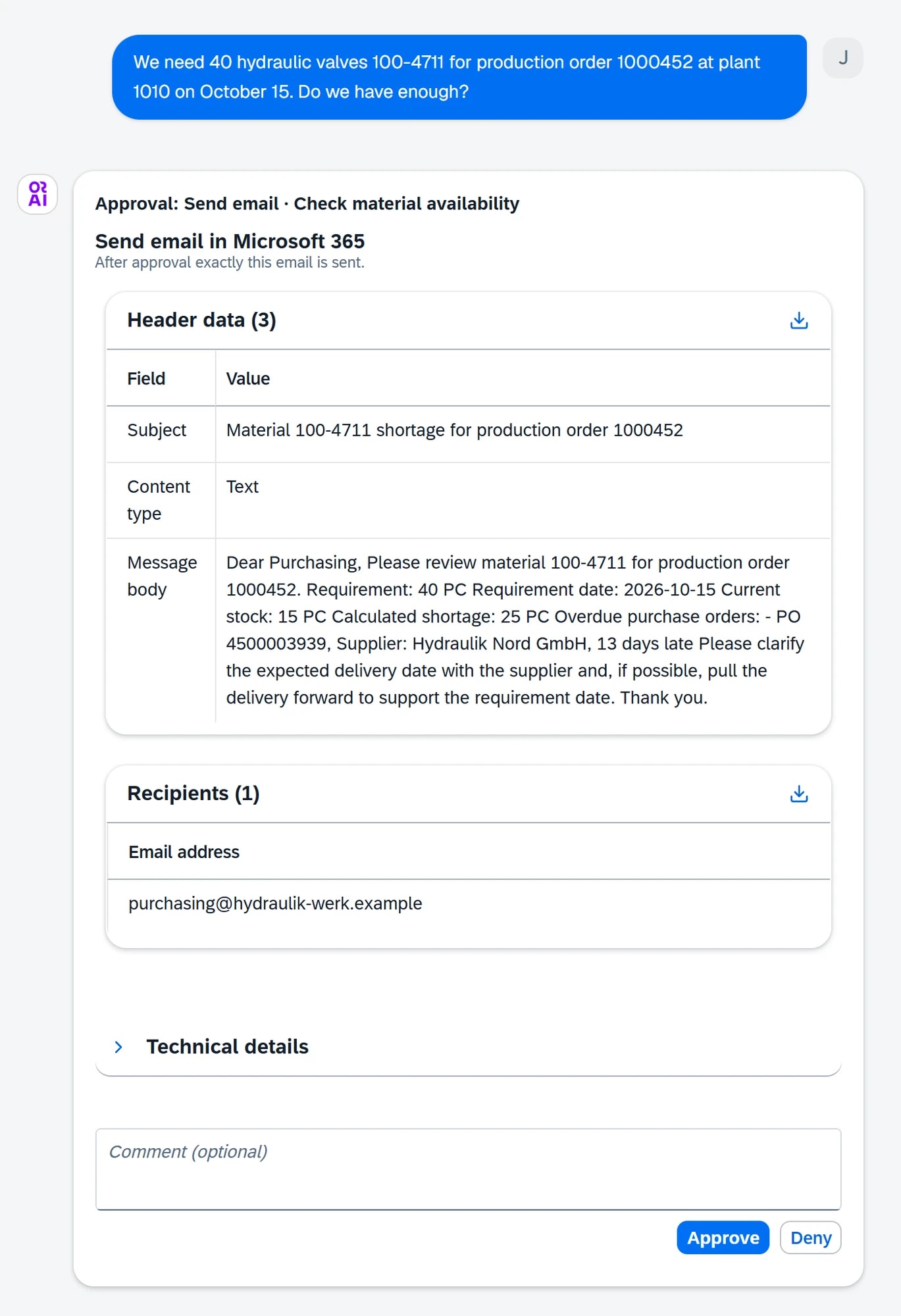 ORAI Agent chat: question about 40 hydraulic valves 100-4711 for production order 1000452, followed by an approval card for an email to purchasing with a shortage of 25 pieces and an overdue purchase order.
